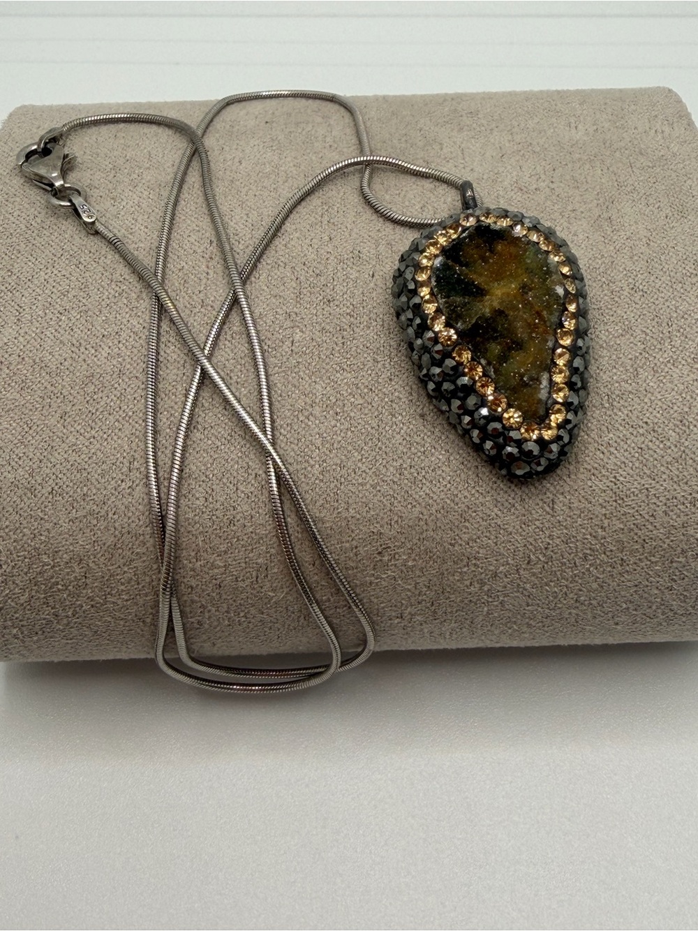 Silver 925 Teardrop Druzy Pendant Necklace with Champagne Crystals